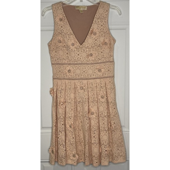 Michael Kors Dresses & Skirts - Michael Kors Size 2 Blush 3D Floral Appliqué Corded Stud Lace Mini Dress Eyelet